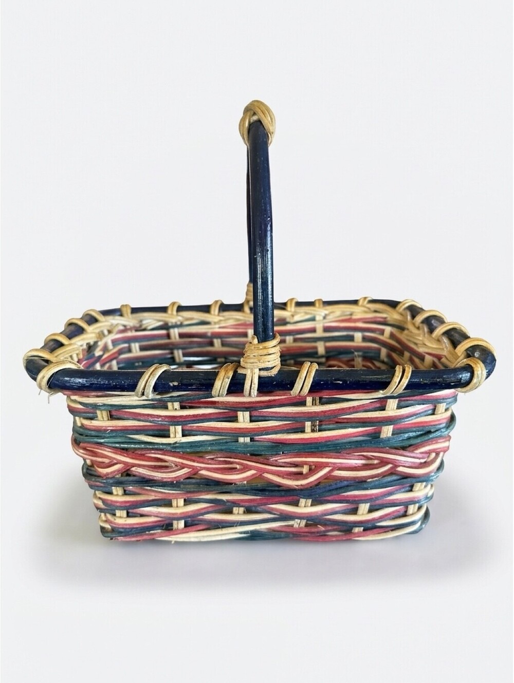 Vintage Woven Wicker Basket Red Blue Natural Handled Primitive Americana Decor